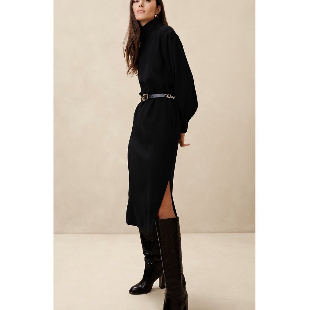 NWT Banana Republic Black Crepe Riya Draped Long Sleeve Mock-Neck Midi Dress S